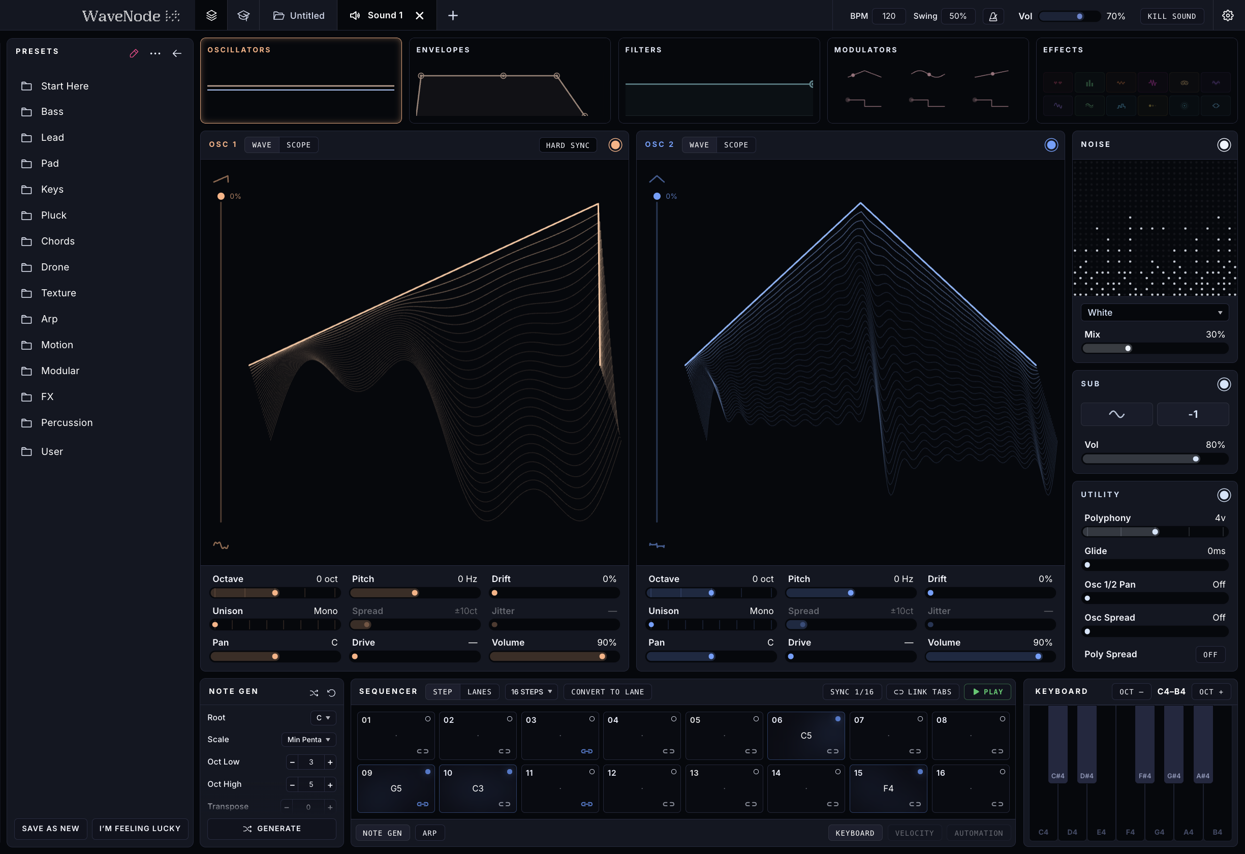 The WaveNode synthesizer — dual wavetable oscillators with 3D waveform visualizations, presets, sequencer, and keyboard
